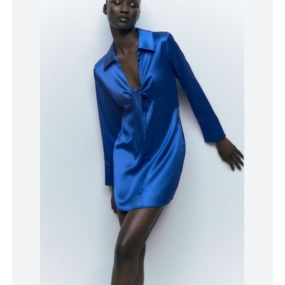 NWT Zara Sz M Satin Effect Blue Mini Dress Tie Front Long Sleeve Collared Deep V